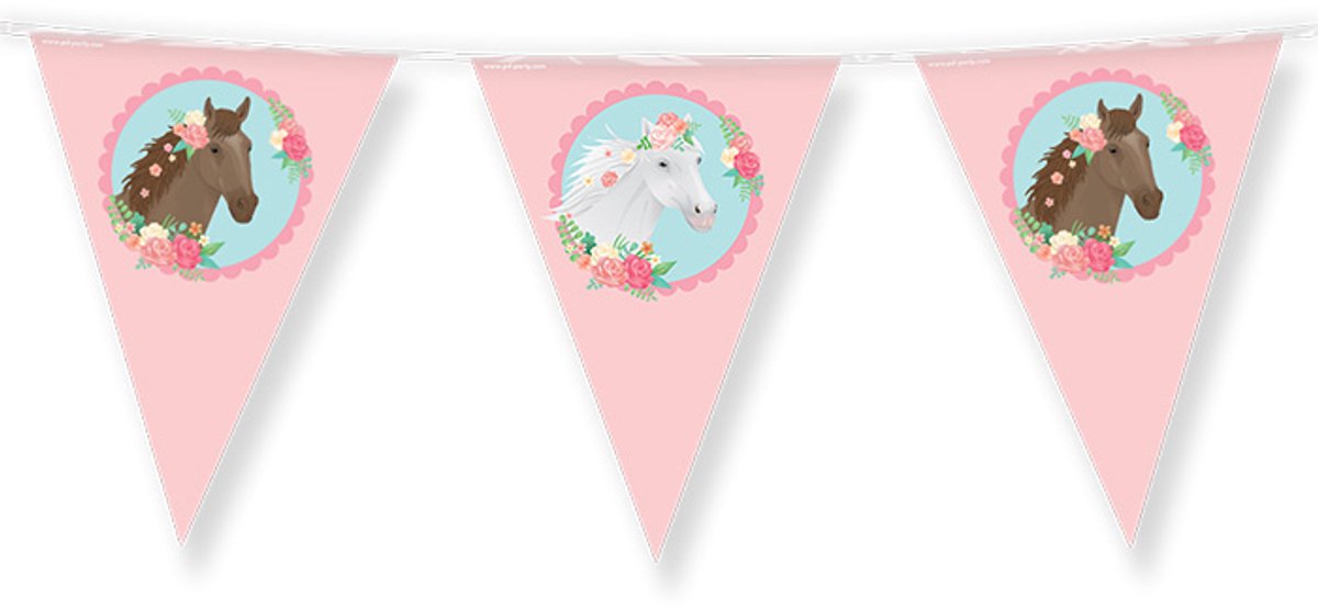 Dubbelzijdige Vlaggenlijn | Set á 3 stuks | Lengte: 10 meter | Thema: Paarden | Kleur: Roze